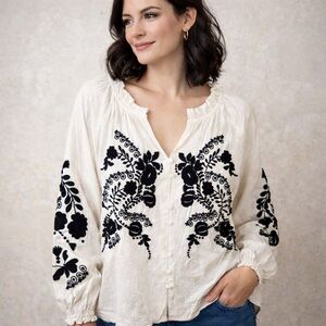 Fat Face Boho Ellen Black Embroidered Blouse Off White Top Cottagecore Peasant